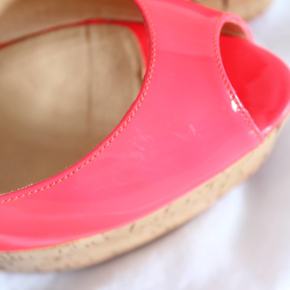 Christian Louboutin Une Plume Hot Pink Neon Patent Leather Cork Sandal Wedges - Picture 3 of 14